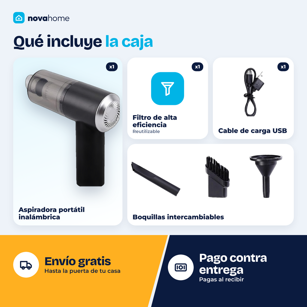 Contenido de la caja de la mini aspiradora y envío gratis con pago contra entrega