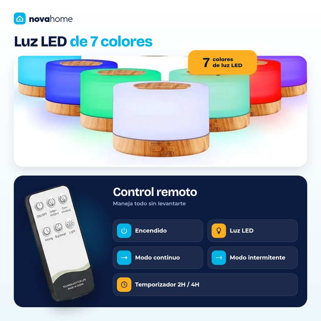 Humidificador con luz LED de 7 colores y control remoto