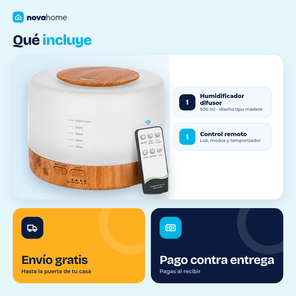 Contenido de la caja: humidificador y control remoto, con envío gratis y pago contra entrega