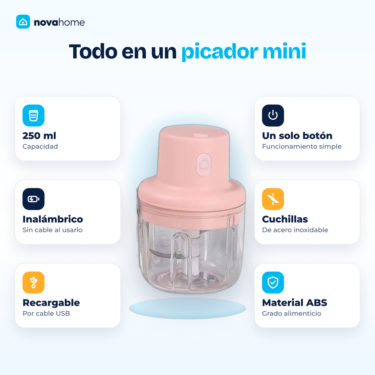 Características del picador eléctrico mini: 250 ml, un botón, cuchillas de acero inoxidable