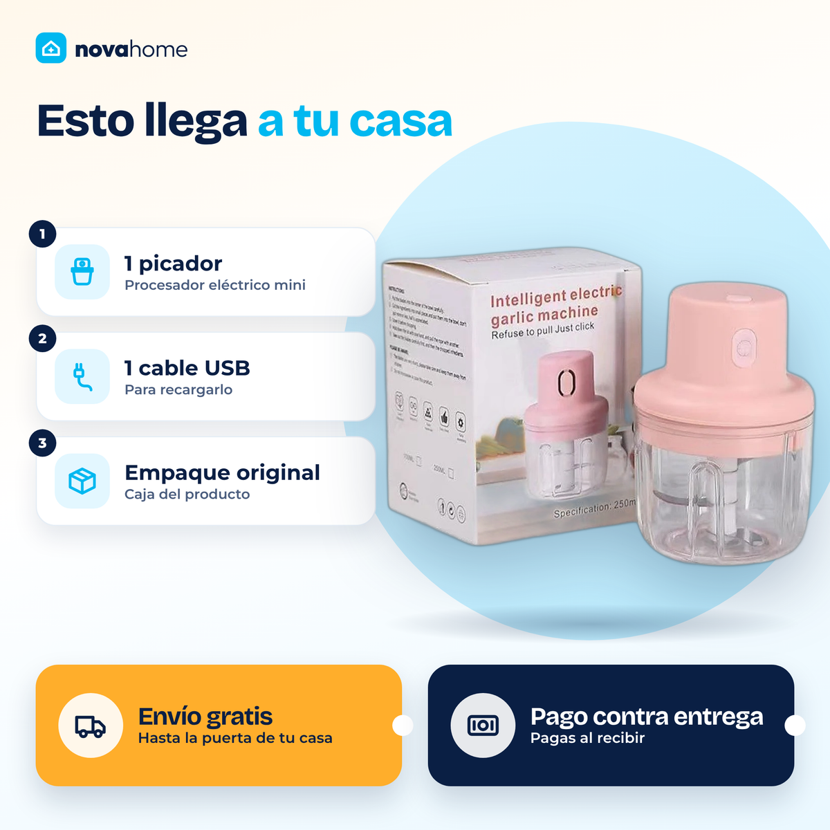 Contenido de la caja del picador eléctrico mini y envío gratis a toda Colombia